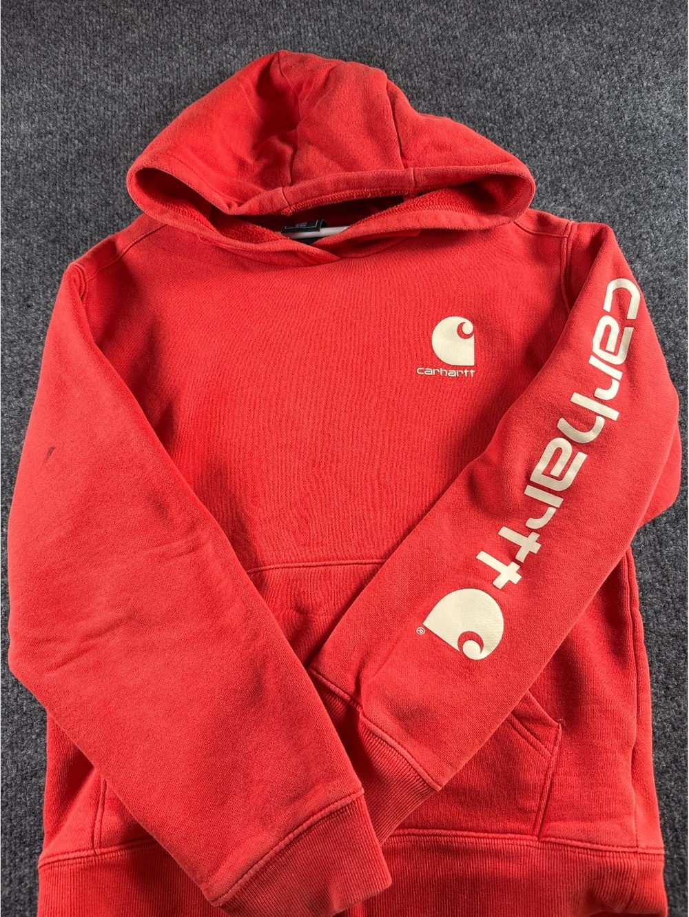 Carhartt Kids Red Pullover Hoodie Youth Medium 10-12 Logo Sleeve Graphic